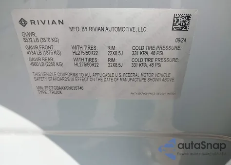 2025 Rivian R1T Adventure Dual Motor Large Pack/Adventure Dual Motor Max Pack from USA, damaged, VIN 7FCTGBAAXSN035740